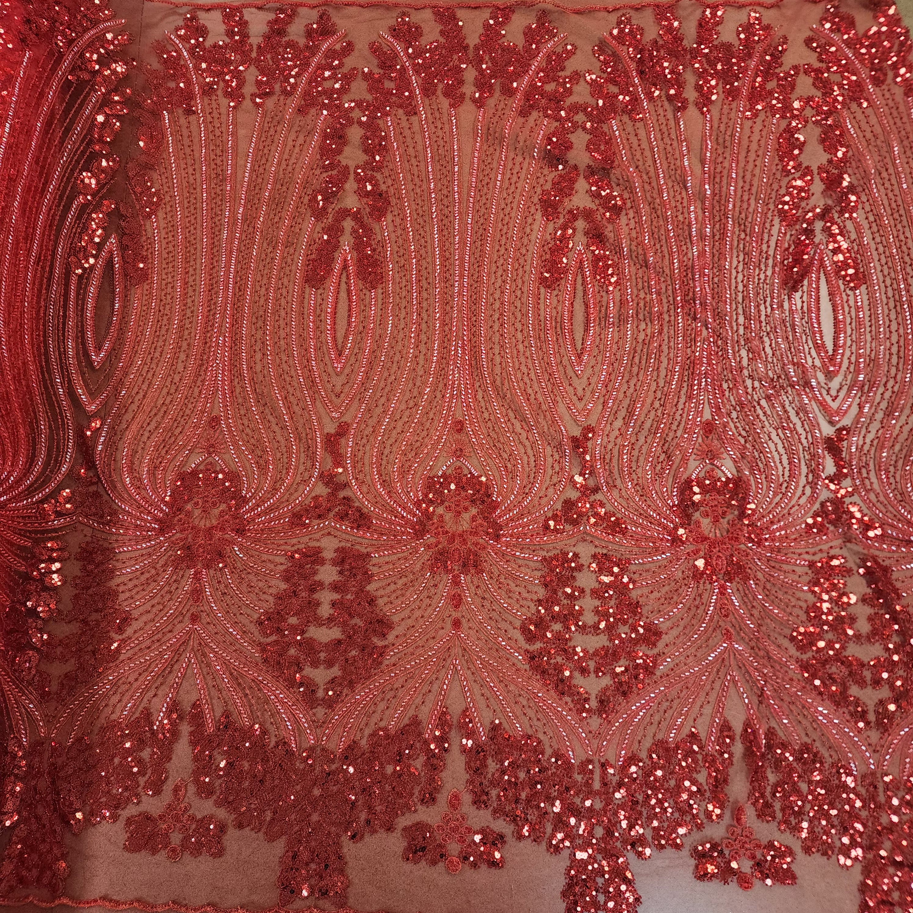 Panel Beaded Sequin Embroidered Lace (Red)