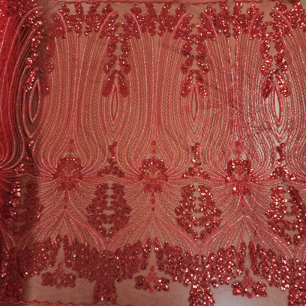 Panel Beaded Sequin Embroidered Lace (Red)