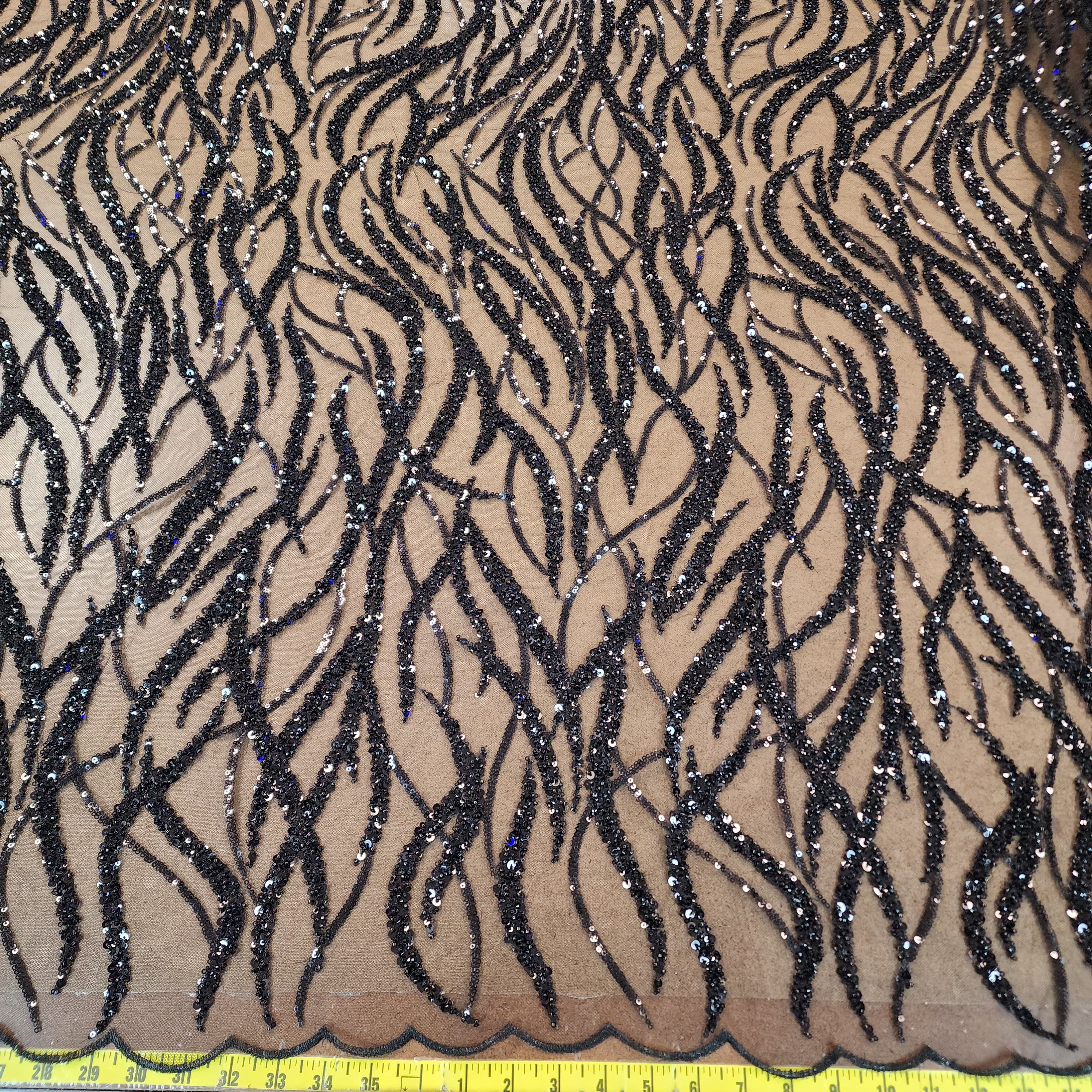 Flowing flame Beaded Sequin Lace (Black)