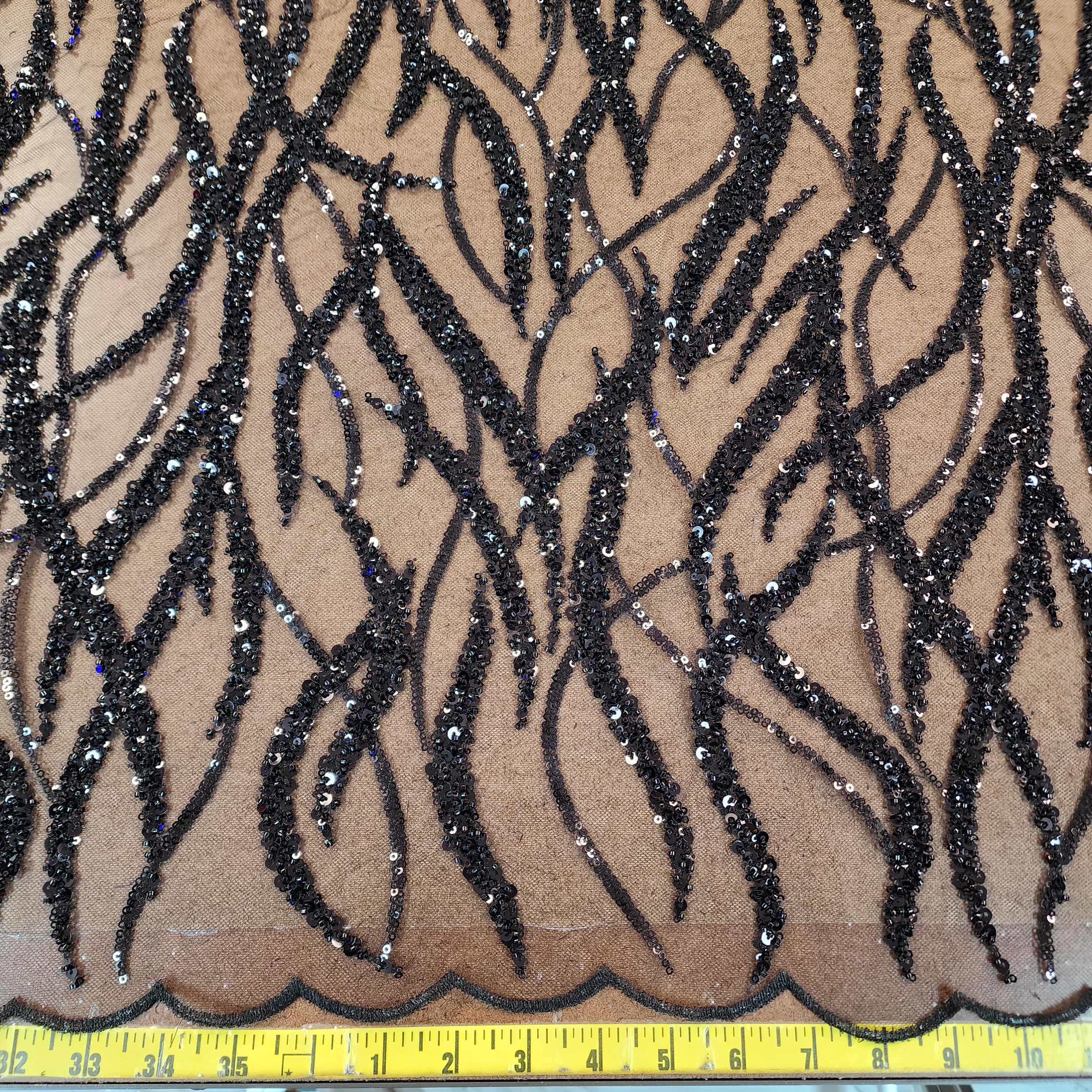 Flowing flame Beaded Sequin Lace (Black)
