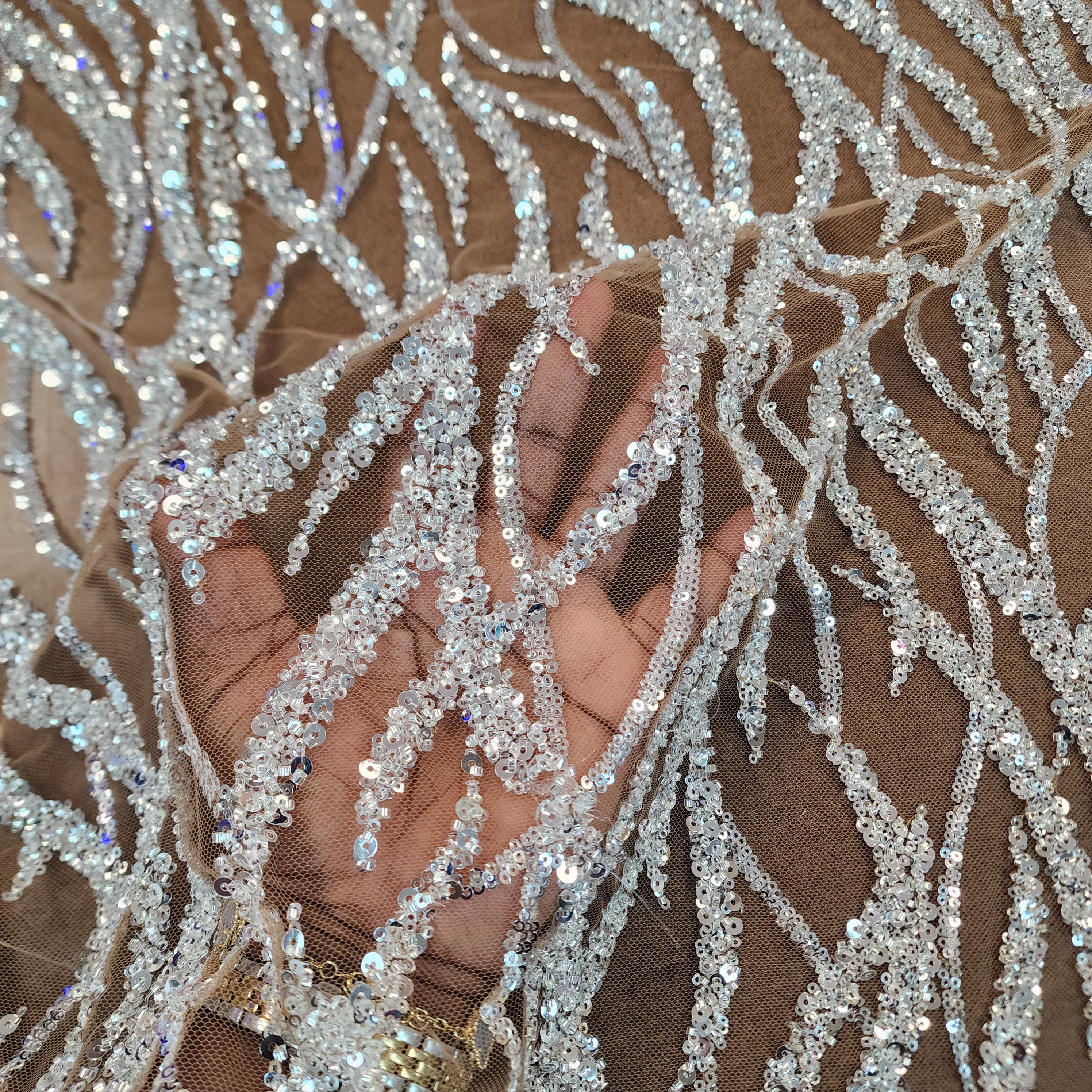 Flowing flame Beaded Sequin Lace (Silver)